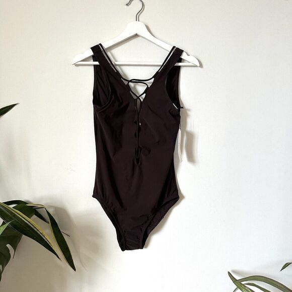 NWT Karla Colletto Plunge Tank One Piece Swimsuit Lace Up Front Size 14 US 10 - Picture 1 of 7